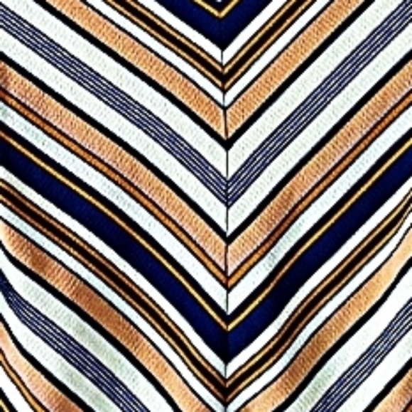 Monteau M Short Sleeve Ruffled Peplum Peach Navy and Mustard Striped Blouse - Picture 4 of 4